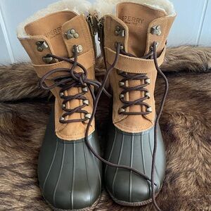 Sperry Tan and Olive Duck Boots